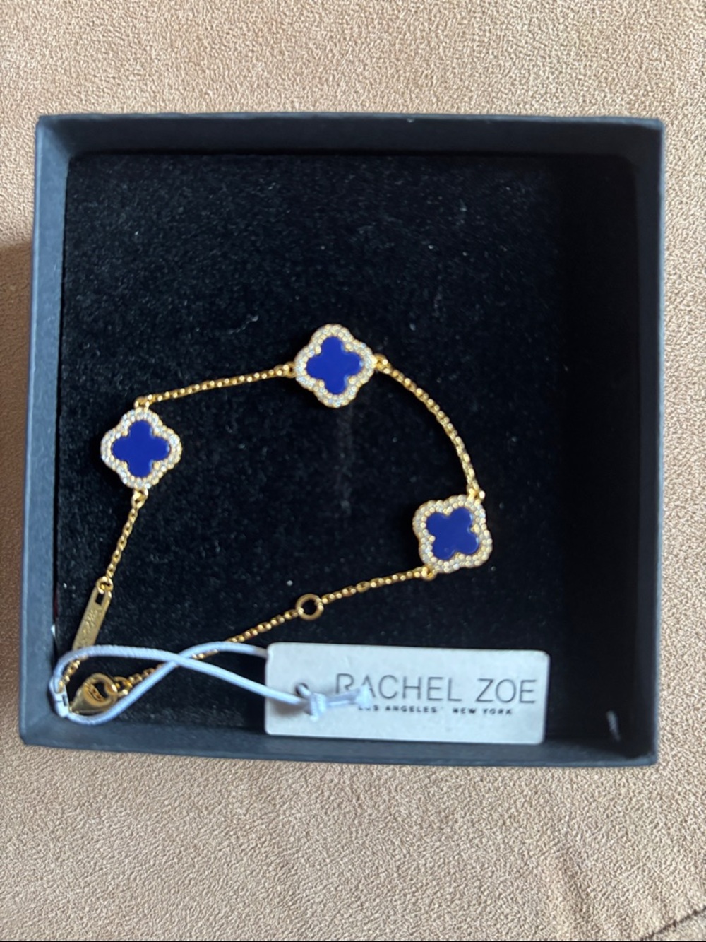 Rachel Zoe Gold-Tone Bracelet with Royal Blue Clover Charms NWT